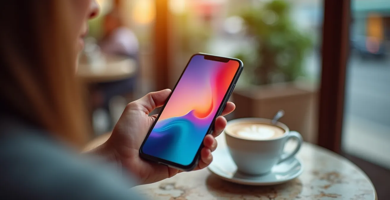 Mano che tiene uno smartphone con app di meditazione in un ambiente italiano