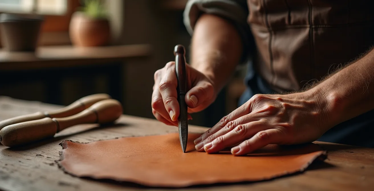 Mani di un artigiano italiano che lavorano pelle con finitura opaca naturale
