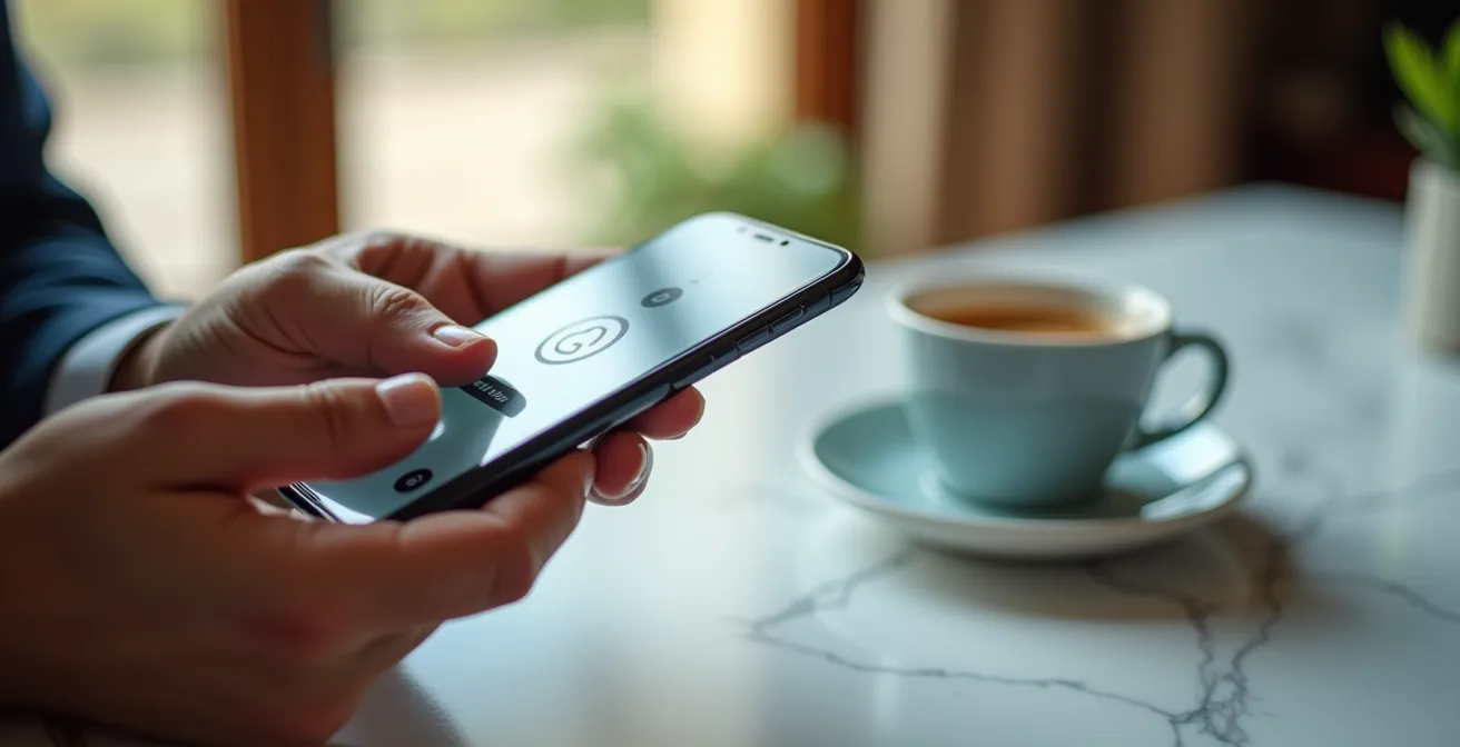 Sistema di autenticazione a due fattori con smartphone e token bancario su scrivania italiana