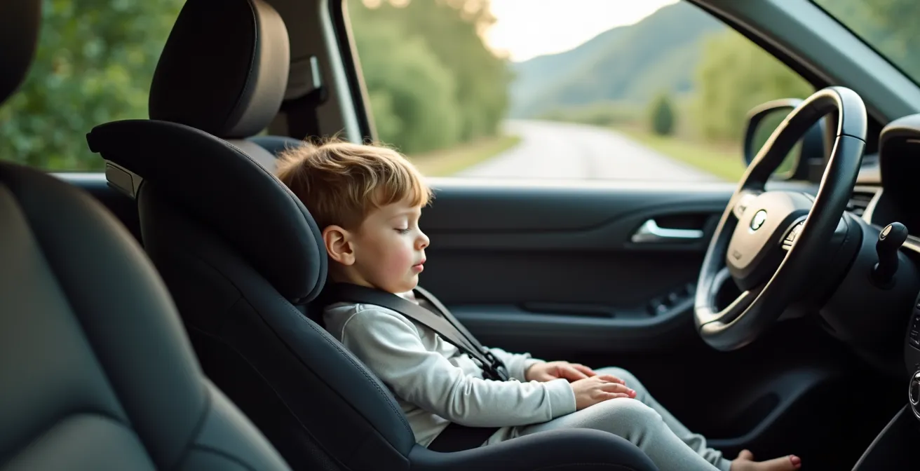 Bambino in seggiolino auto con postura corretta e supporto cervicale
