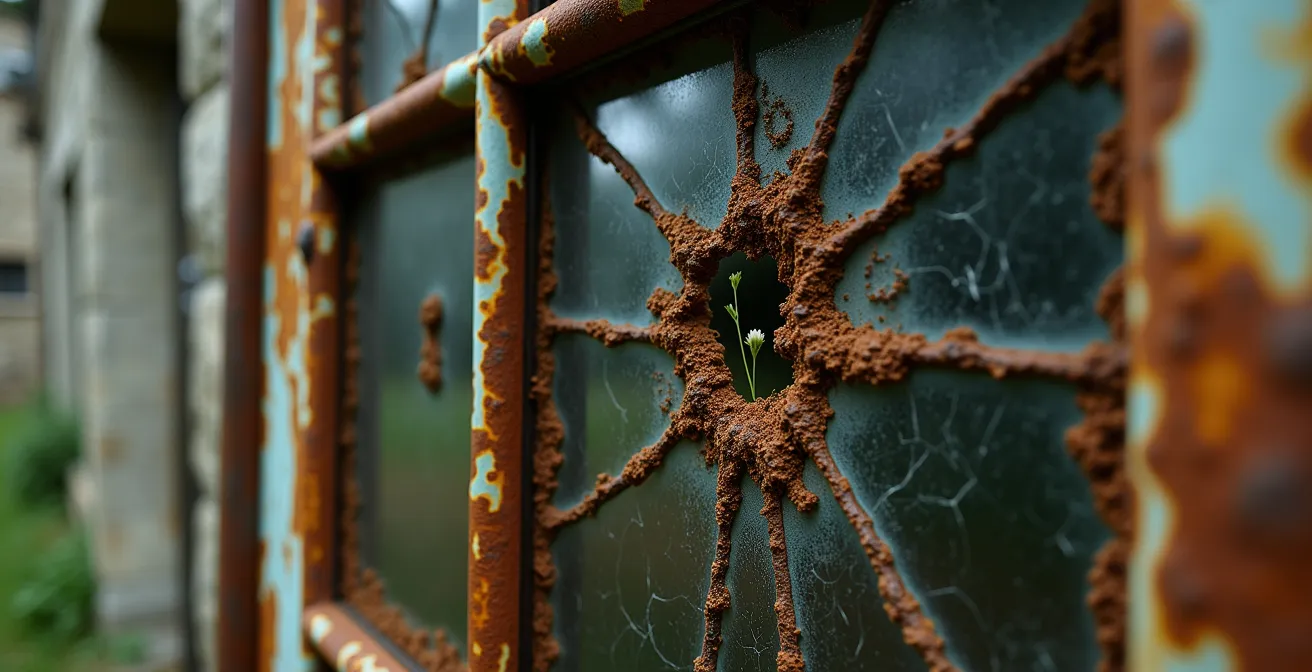 Vista macro di una vecchia cabina telefonica abbandonata con vegetazione che cresce attraverso il vetro