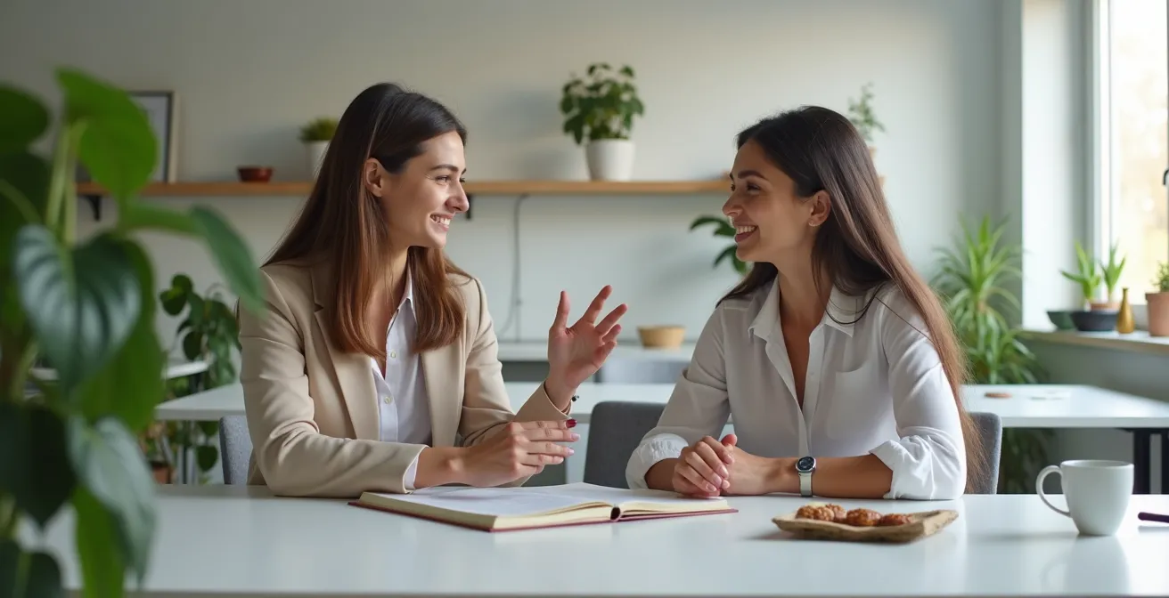 Due professionisti in momento di mentoring informale in ambiente di lavoro accogliente