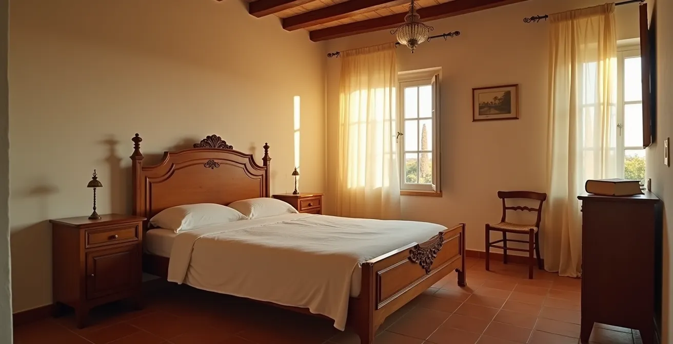 Camera da letto minimalista italiana con ambiente rilassante senza dispositivi elettronici