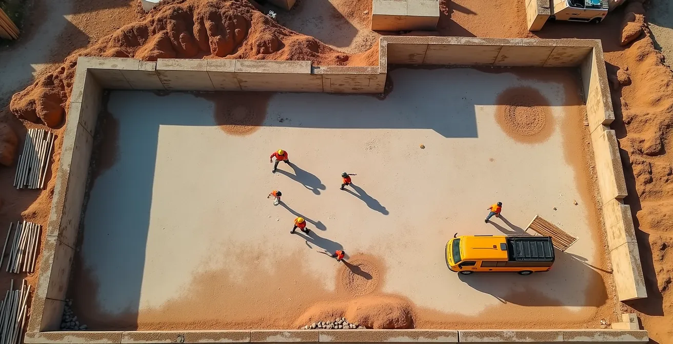 Vista aerea di un cantiere edile italiano con operai al lavoro in sicurezza