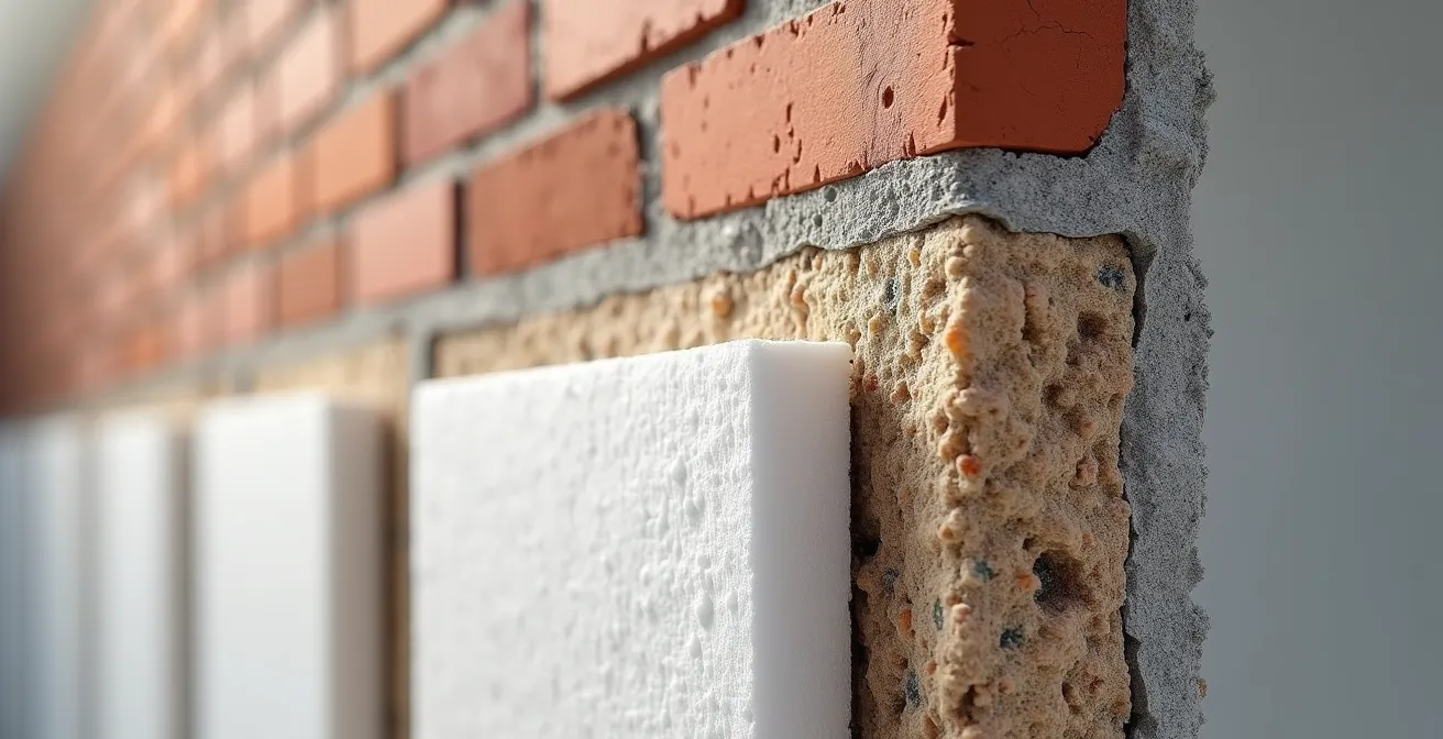 Sezione di una parete con cappotto termico applicato che mostra i diversi strati isolanti