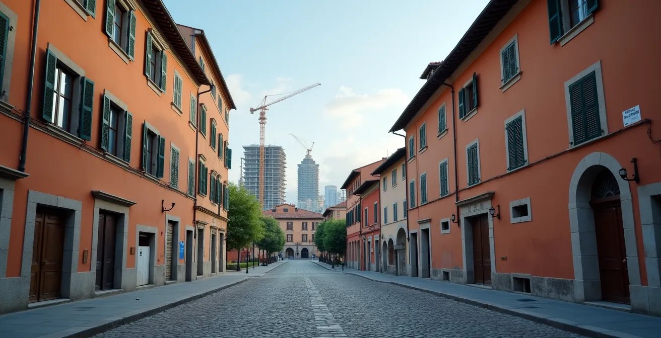 Contrasto architettonico tra centro storico italiano e periferia moderna in sviluppo