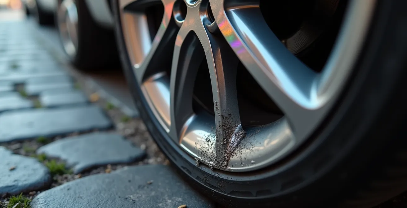 Dettaglio macro di cerchio diamantato con graffio da marciapiede su sfondo urbano