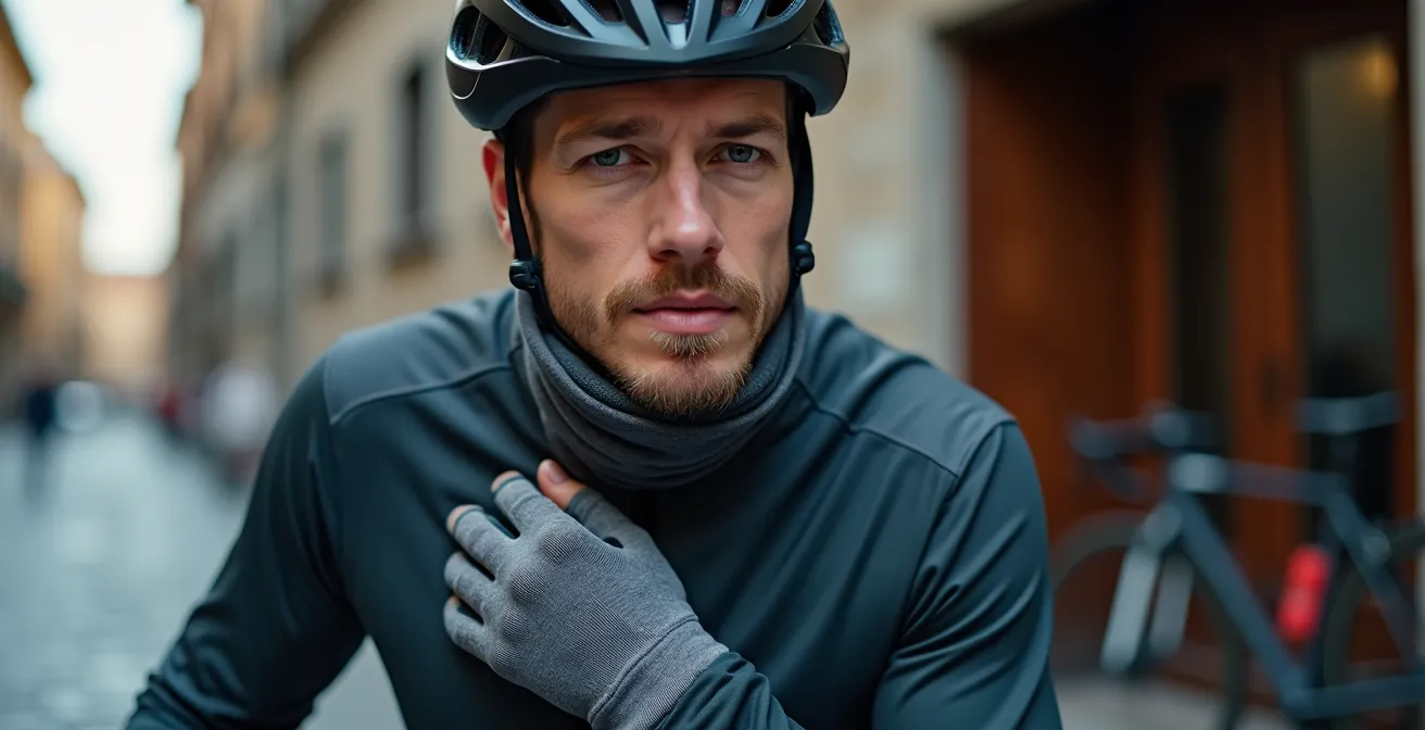 Ciclista urbano con abbigliamento tecnico a strati per il tragitto invernale casa-lavoro