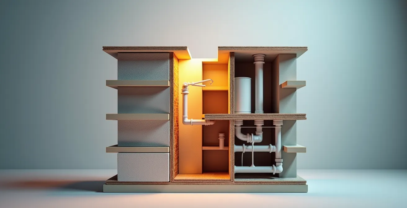 Sezione architettonica di edificio che mostra cappotto termico su una parte e sistema di caldaia sull'altra