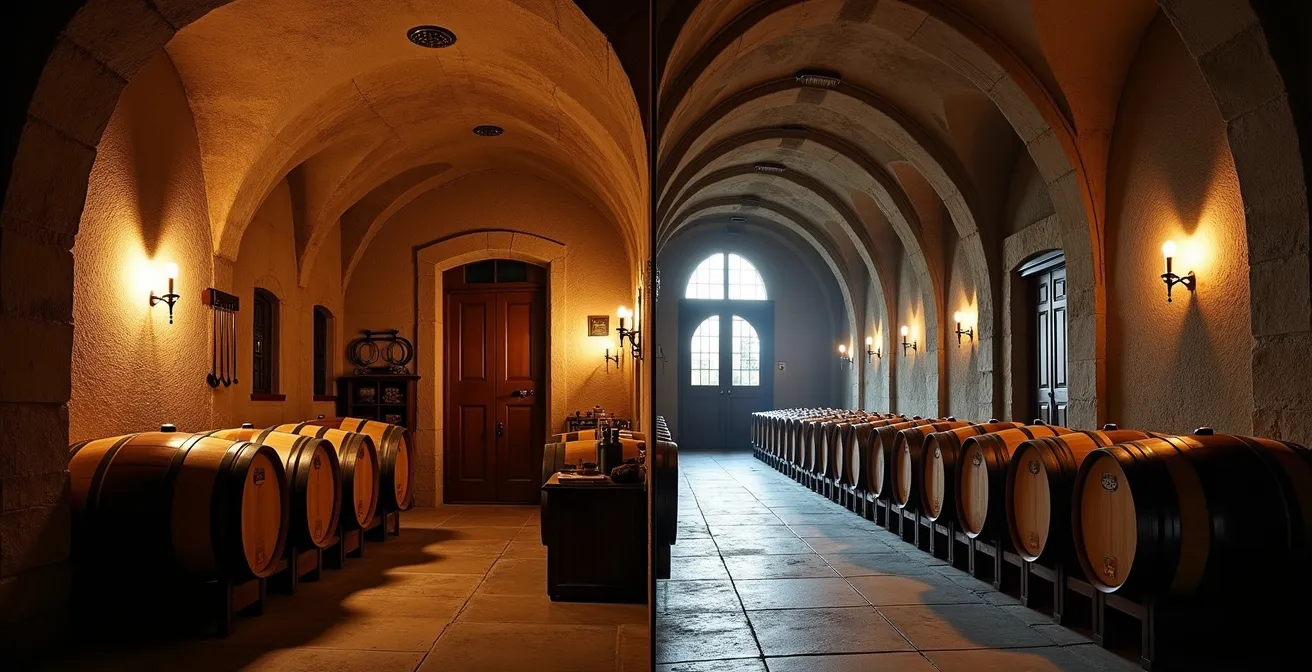 Confronto visivo tra cantina familiare intima e grande tenuta storica nelle Langhe