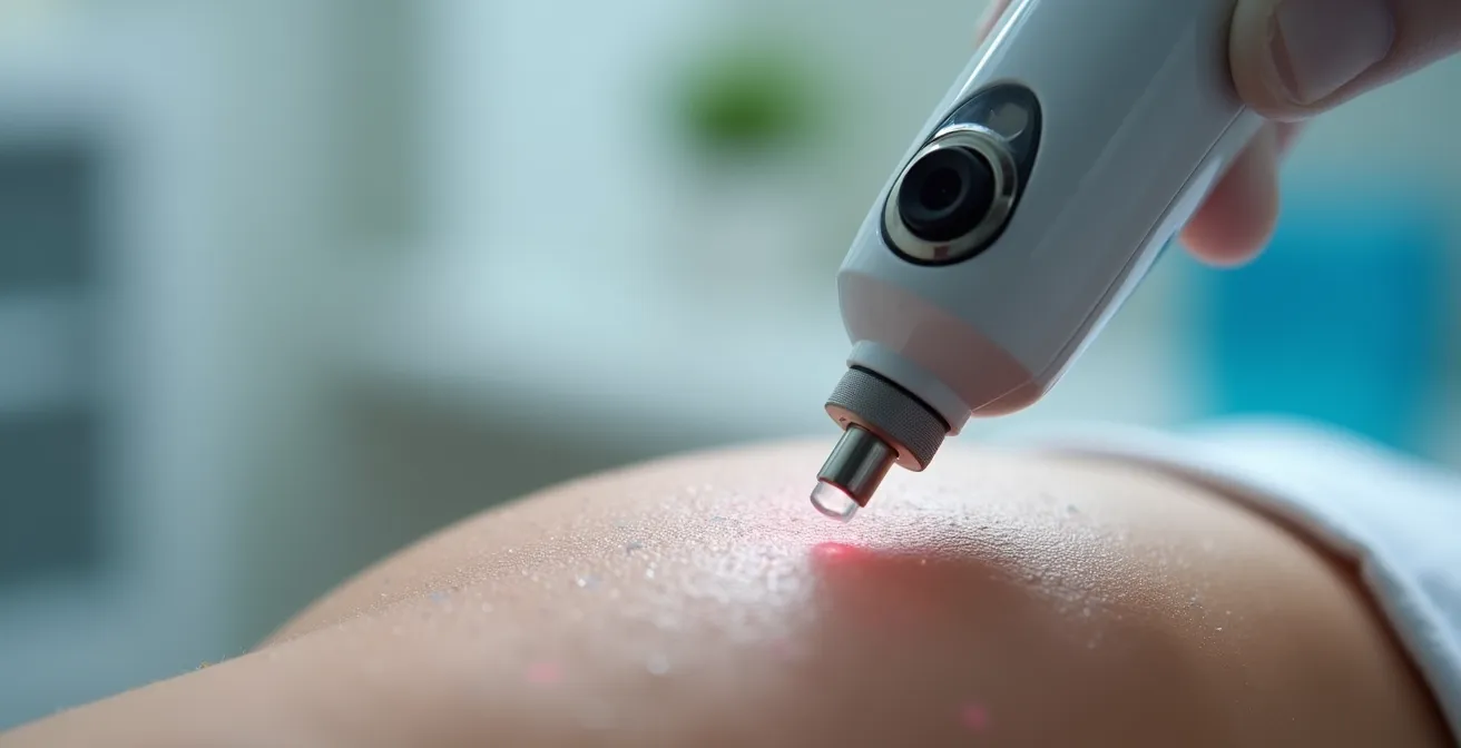 Dermatologo esamina pelle paziente con dermatoscopio in studio medico italiano