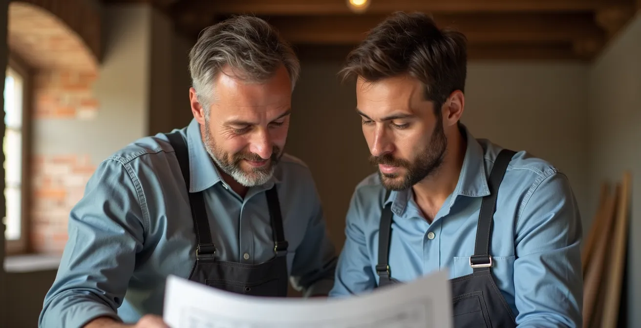 Coordinamento professionale tra artigiani in un cantiere di ristrutturazione italiano