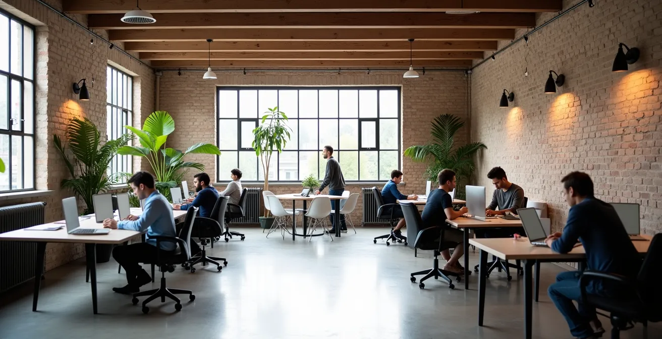 Spazio coworking italiano moderno con professionisti che collaborano in ambiente luminoso