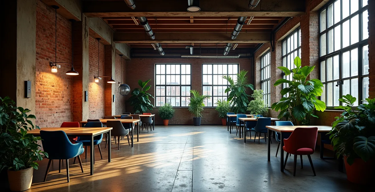 Spazio coworking in un ex capannone industriale riconvertito, architettura post-industriale con grandi finestre e mattoni a vista