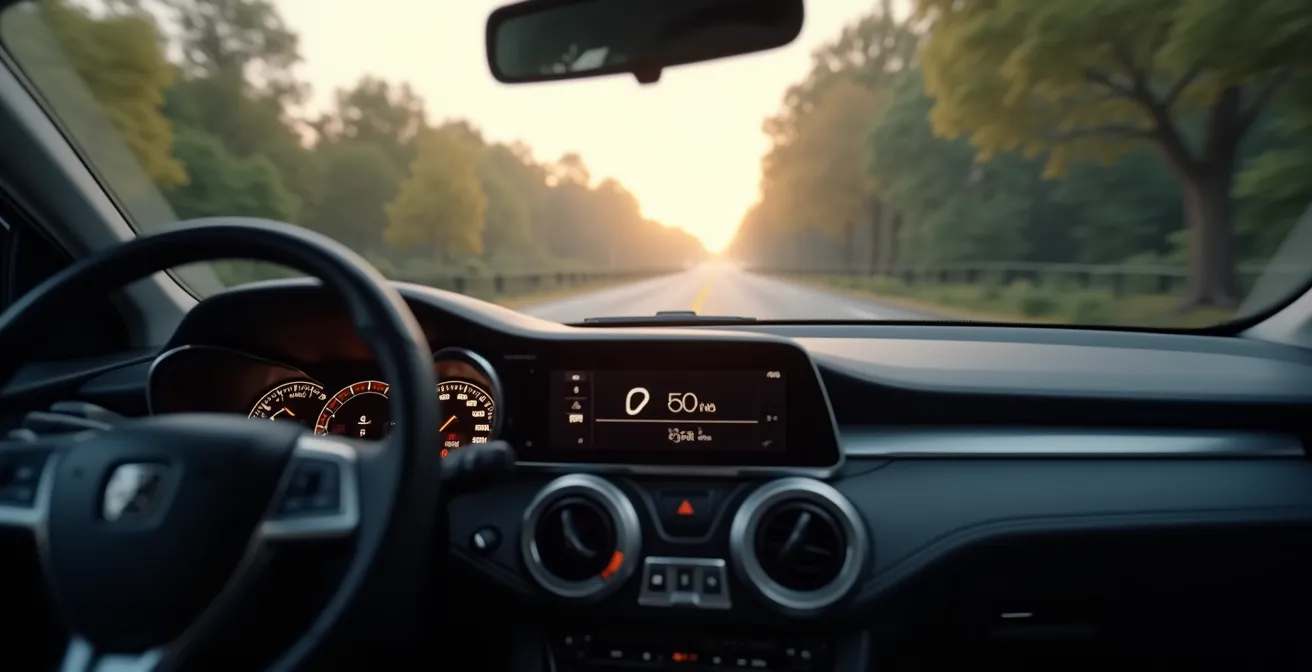 Vista wide del cruscotto auto con focus sul contachilometri per calcolo percorrenza
