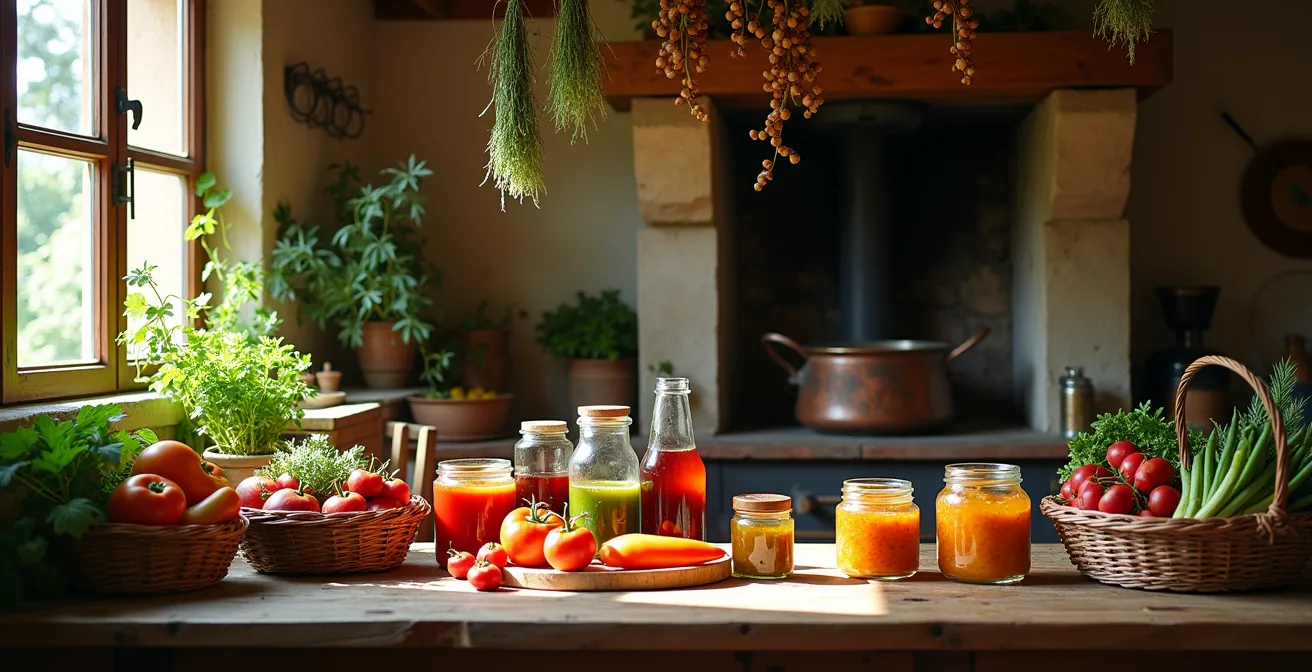 Cucina rustica di agriturismo con prodotti freschi dell'orto e attrezzi tradizionali