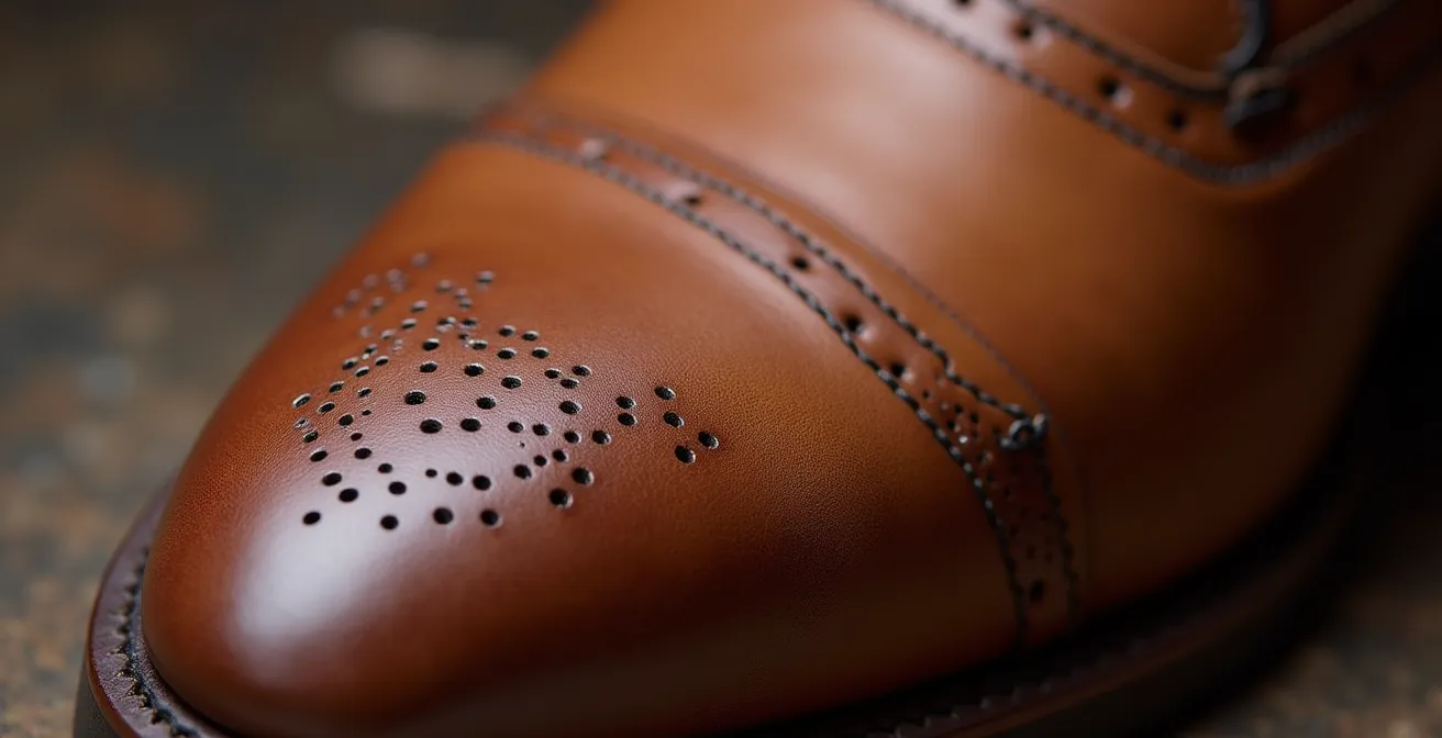 Dettaglio macro della cucitura Blake su scarpa in cuoio conciato al vegetale