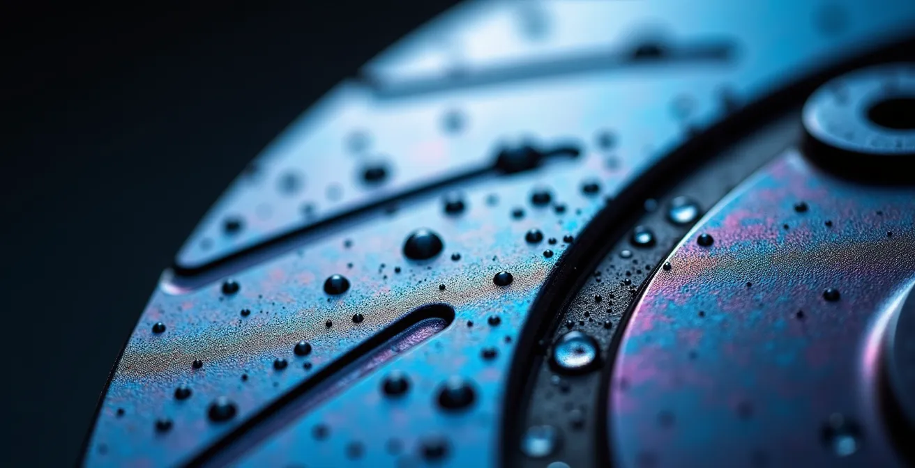 Dettaglio ravvicinato dell'usura di un disco freno automobilistico