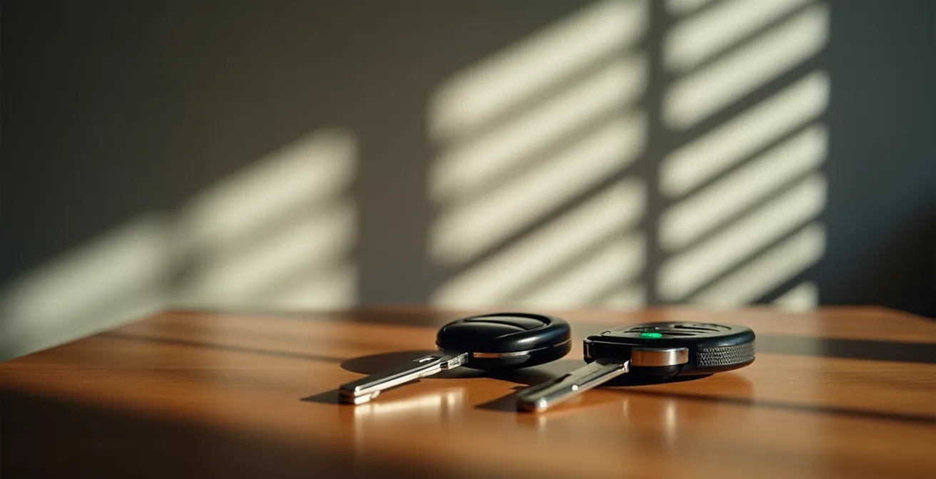 Rappresentazione dell'evoluzione del valore delle auto con l'arrivo di Euro 7, con una chiave moderna e luminosa che simboleggia le nuove tecnologie e una vecchia chiave in ombra.