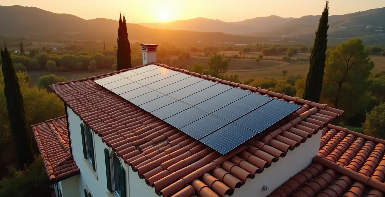 Vista aerea di pannelli fotovoltaici installati su tetto di casa italiana con paesaggio circostante