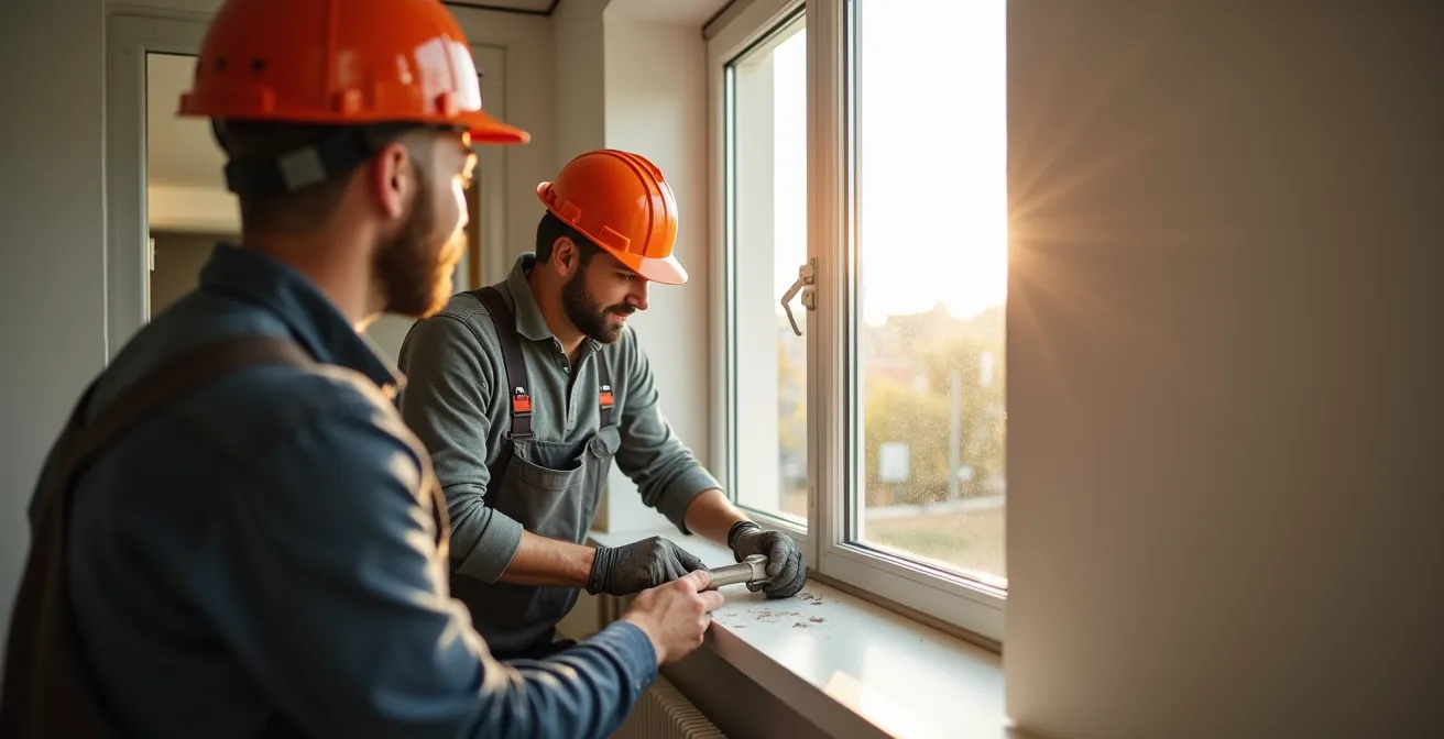 Operai installano moderne finestre a telaio sottile in appartamento italiano