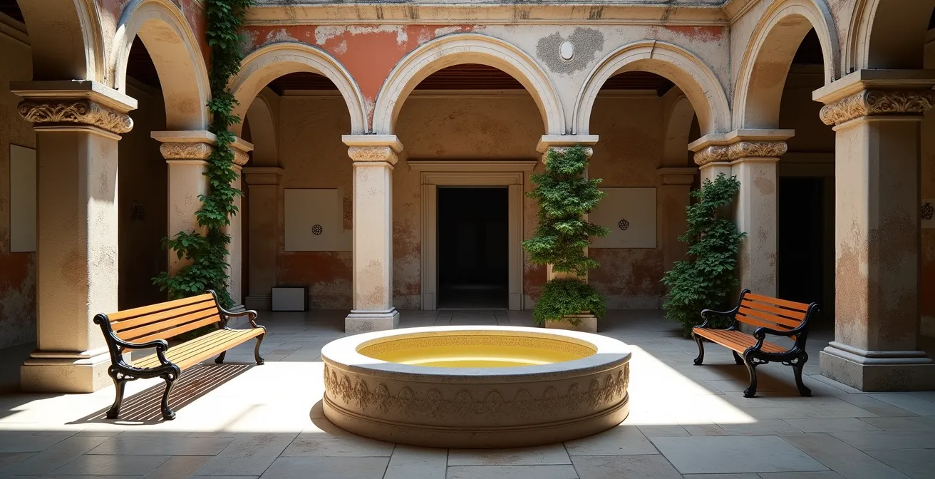 Cortile interno di palazzo veneziano con pozzo centrale e architettura gotica, luce naturale filtrata