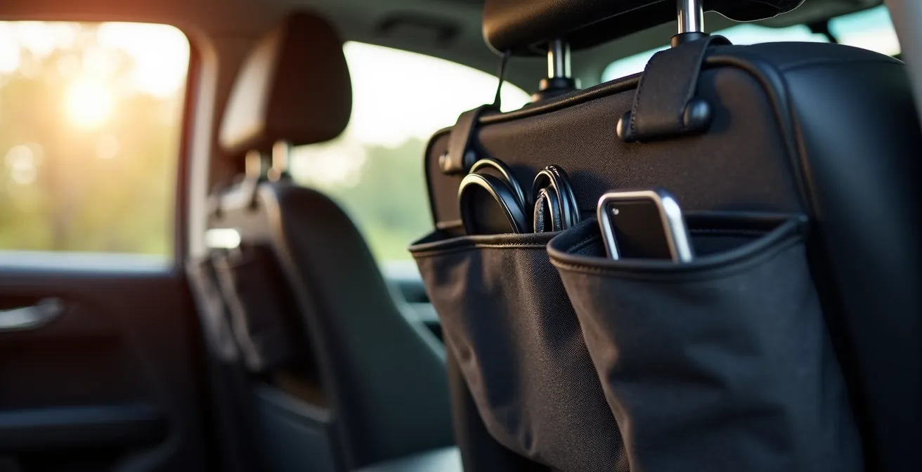 Interno auto organizzato con accessori slim e reti portaoggetti per tre bambini