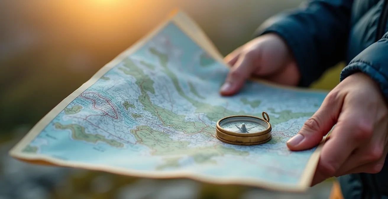 Mani che tengono carta topografica Tabacco e bussola con panorama dolomitico sullo sfondo