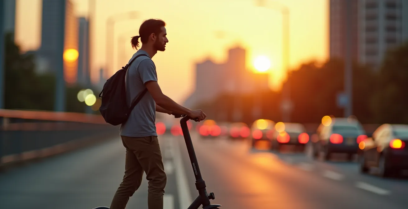 Pendolare su monopattino elettrico in modalità digital detox attraversa la città