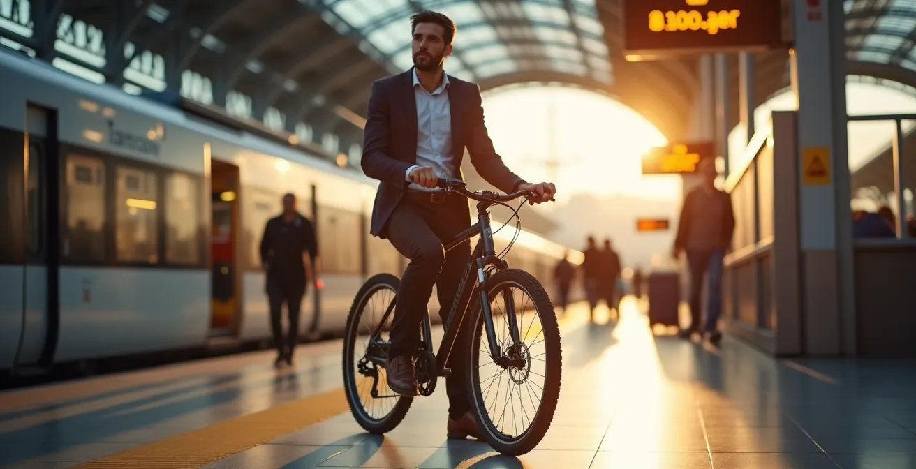 Pendolare con bici pieghevole in stazione ferroviaria italiana