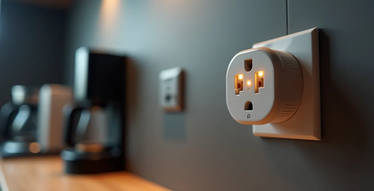 Dettaglio macro di una presa smart italiana con display LED che mostra grafici di consumo energetico