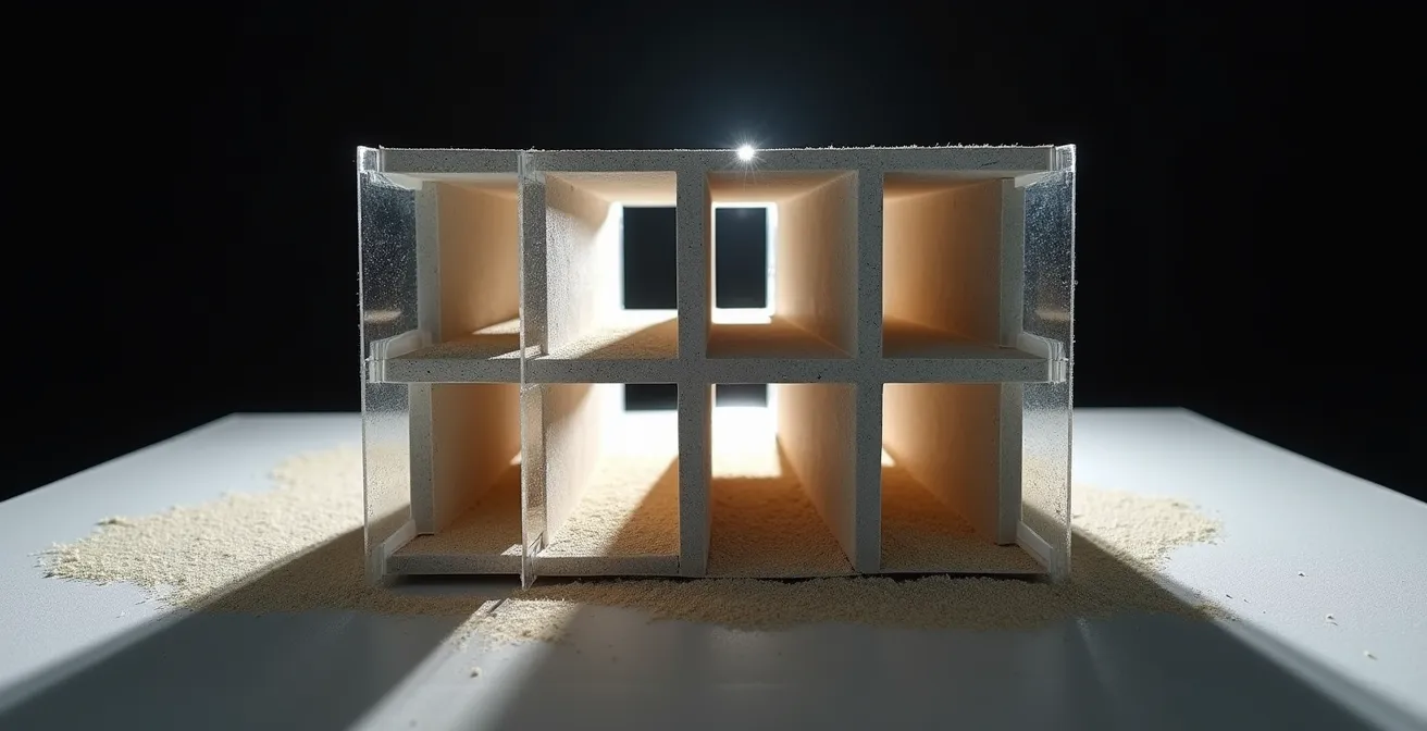 Sezione di edificio in cemento armato che mostra la propagazione delle onde sonore strutturali