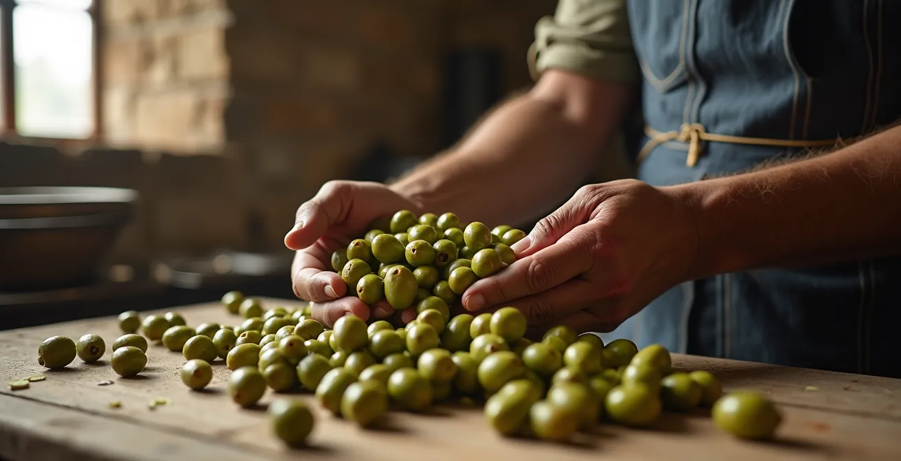 Contadini durante la raccolta delle olive in un frantoio tradizionale pugliese
