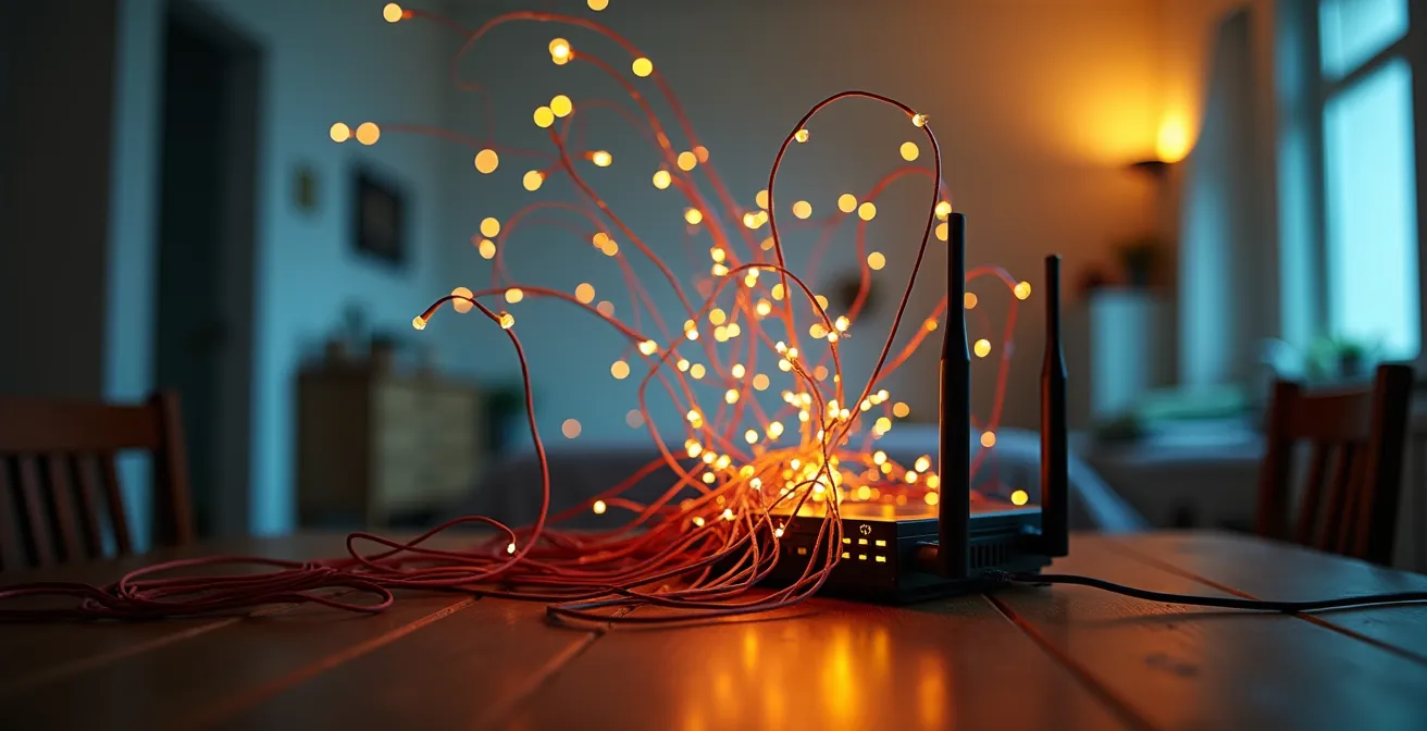 Confronto visivo tra topologia di rete WiFi stellare congestionata e rete mesh Zigbee distribuita