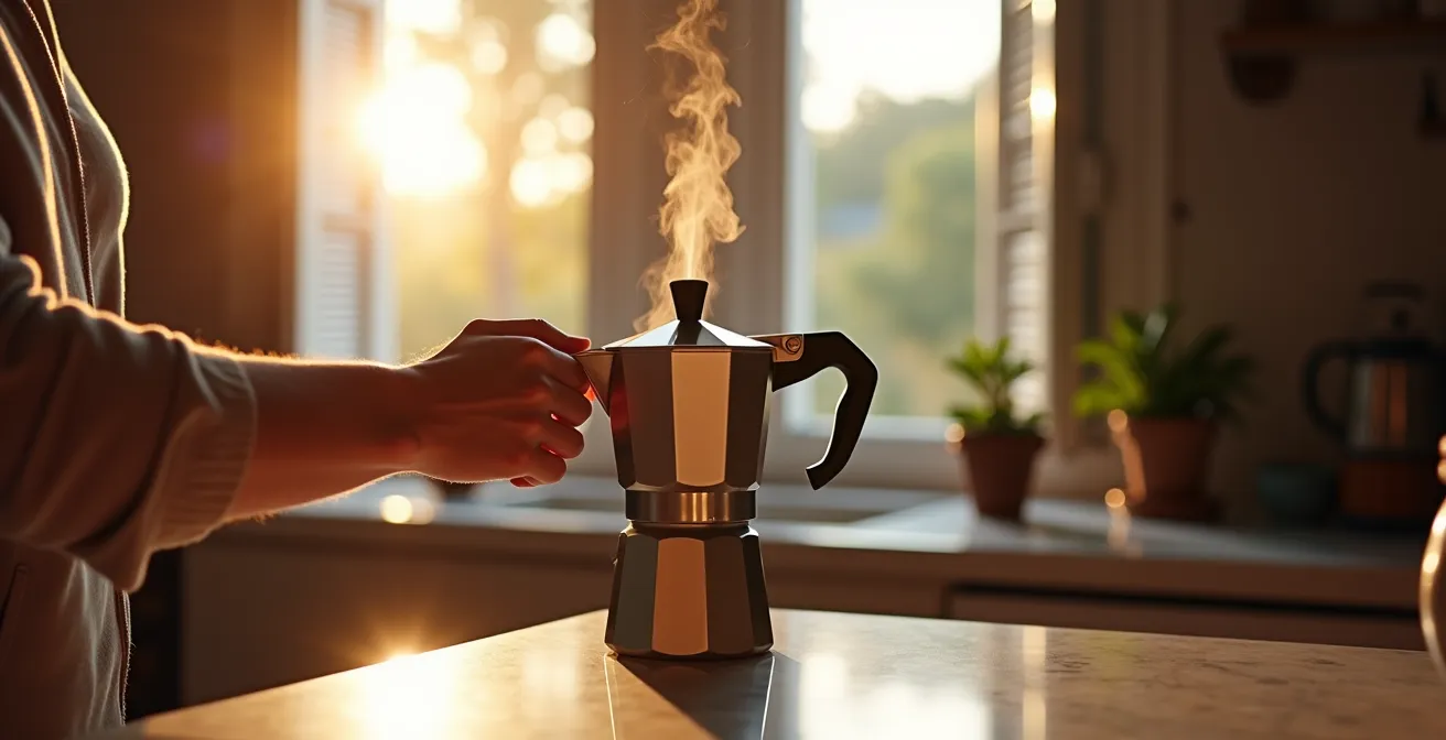 Una moka italiana sul fornello con vapore che sale, una finestra aperta con vista su una piazza italiana al mattino, un diario aperto su un tavolo di legno