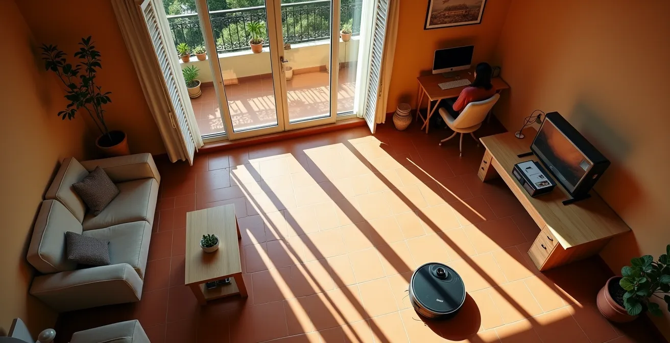 Vista dall'alto di un salotto italiano con robot aspirapolvere che pulisce mentre una persona lavora nella stanza adiacente