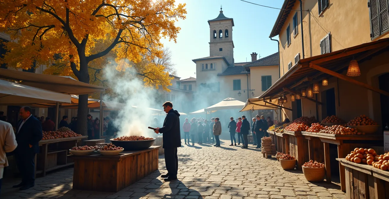 Sagra delle castagne in un borgo collinare con bancarelle e fumo delle caldarroste
