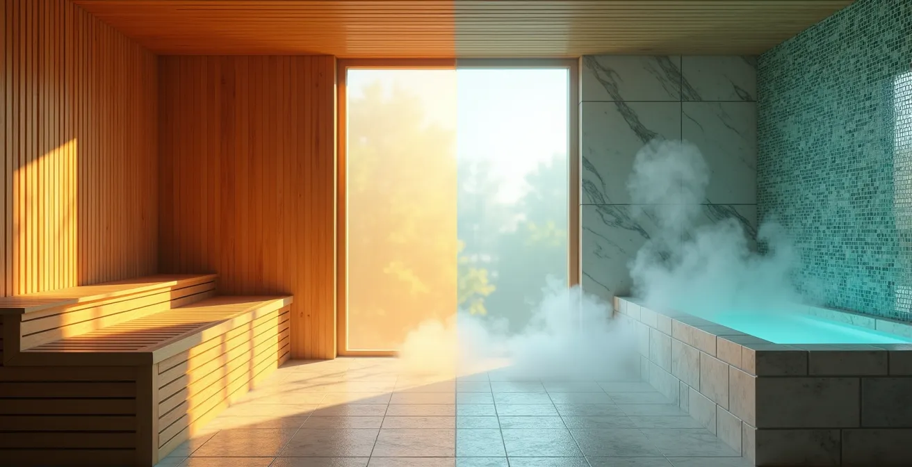 Confronto visivo tra sauna finlandese in legno e bagno turco con mosaici