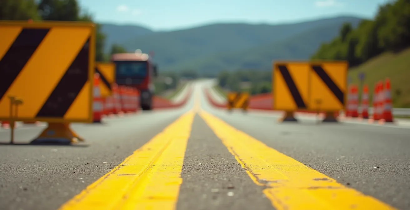 Segnaletica gialla temporanea in un cantiere stradale italiano con veicoli che rallentano