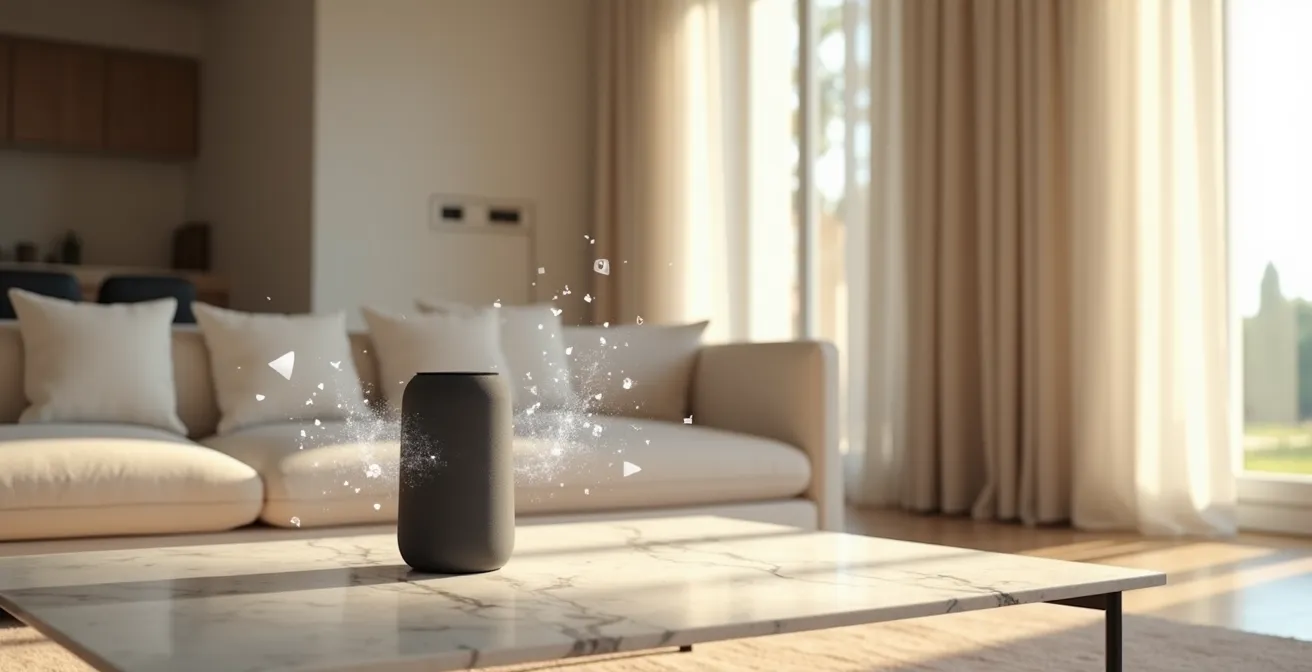 Uno smart speaker minimalista su un tavolo di design, con onde sonore astratte che si dissolvono per simboleggiare il controllo sulla privacy e l'ascolto.