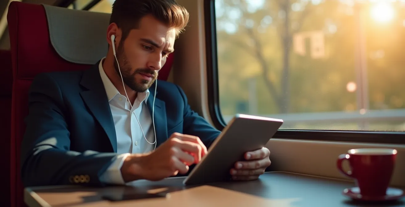 Professionista italiano che studia durante il viaggio in treno