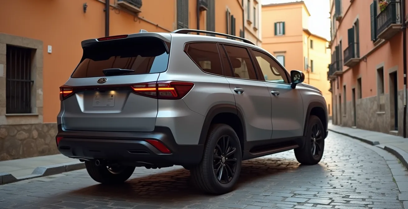 SUV dal design squadrato con vernice opaca grigio Nardo nel traffico urbano italiano