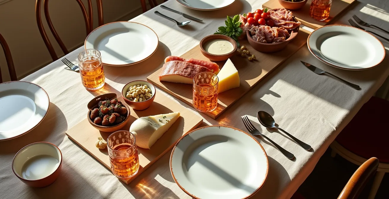 Tavola della domenica italiana apparecchiata con ceramiche artigianali e prodotti locali