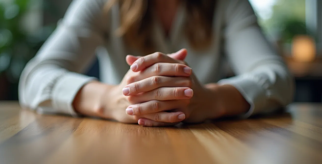 Professionista che pratica respirazione profonda alla scrivania in modo discreto