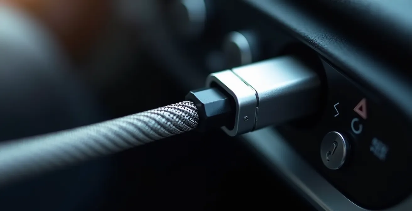 Dettaglio macro del cavo USB di qualità connesso al sistema infotainment dell'auto