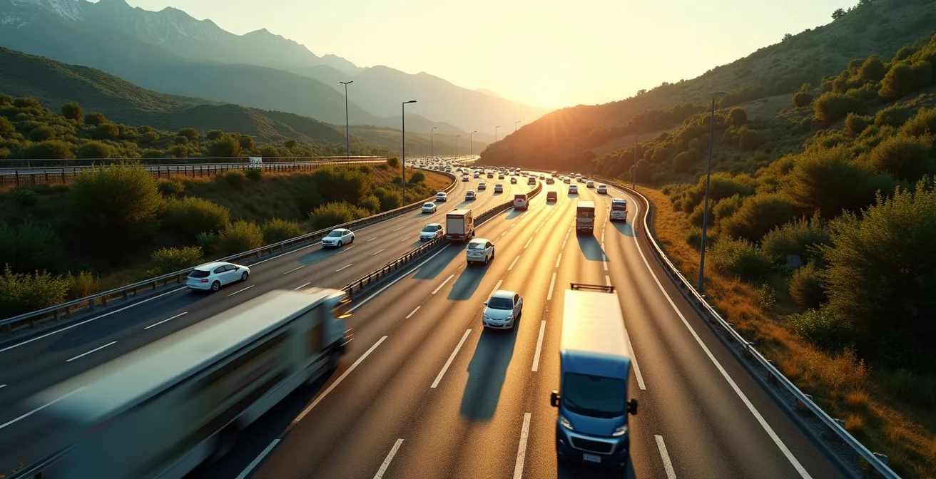Vista aerea del traffico estivo su autostrada italiana con tecnologia ADAS