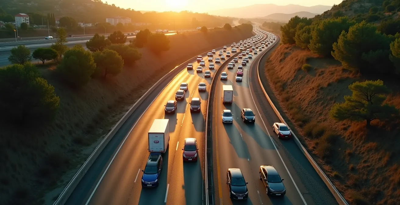 Vista aerea del traffico intenso su un'autostrada italiana durante il rientro dalle vacanze estive