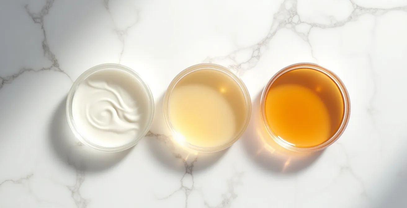 Composizione astratta di texture cosmetiche che rappresenta l'incompatibilità tra ingredienti attivi