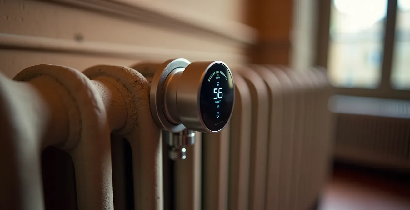 Valvola termostatica intelligente su termosifone in appartamento italiano con dettaglio del risparmio energetico