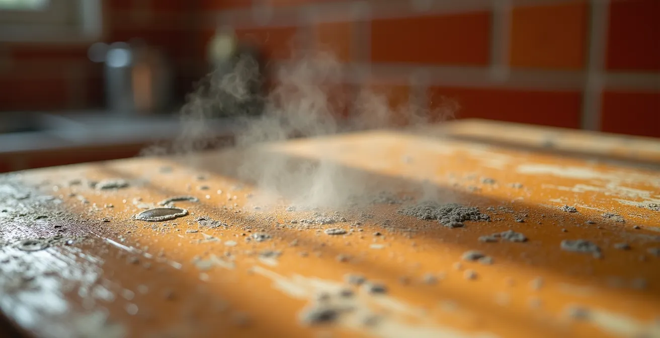 Macro ravvicinata di una superficie verniciata con vapori visibili che si disperdono nell'aria